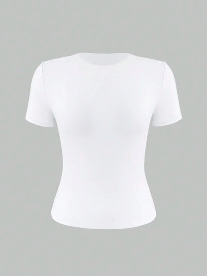 Women's White Solid Round Neck Short Sleeve Fitted T-Shirt for Summer Casual Wear
