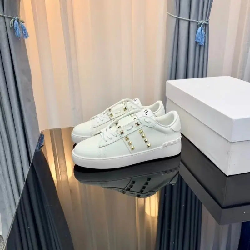 Casual Versatile Leather Sneakers Unisex Trendy Rivet Decorated Sport Shoes Breathable Comfortable Massage Function for Couples