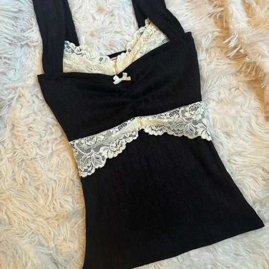 00s Retro Y2k Cottage Crop Top Coquette Clothes 90s Vintage Cutest Lace Trim Camis Women Aesthetic Grunge Slim Fit Milkmaid Vest