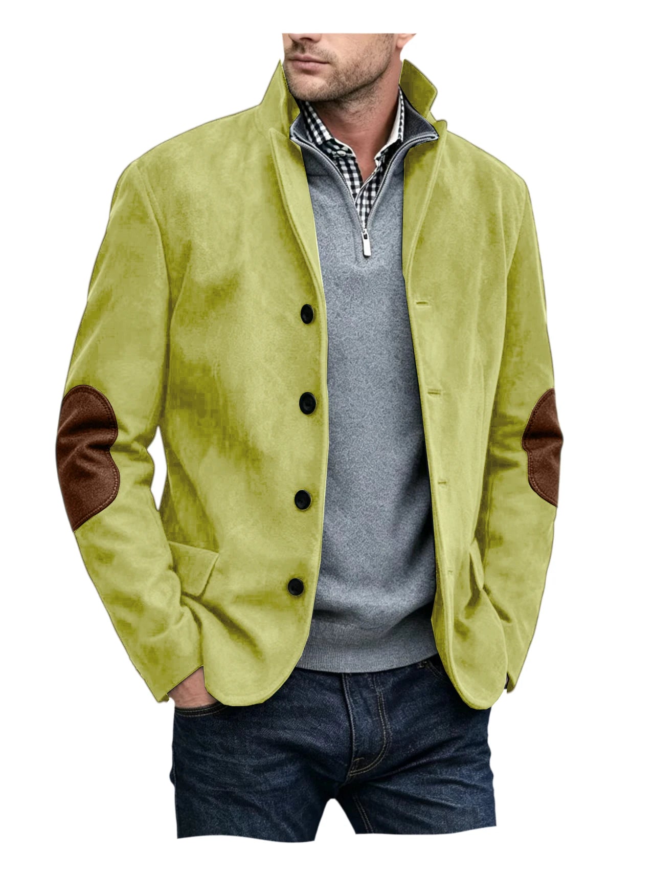 Vintage Men's Suede Blazer Notch Lapel Elbow Patches Slim Fit Jacket Business Casual Men Fashion Outerwear for Spring Autumn