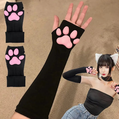 2026 Cute 3D Silicone Pink Cat Claw Paw Pads Soft Fingerless Fluffy Sun Protection Cool Sleeves Cute Gloves Long Tube for Women