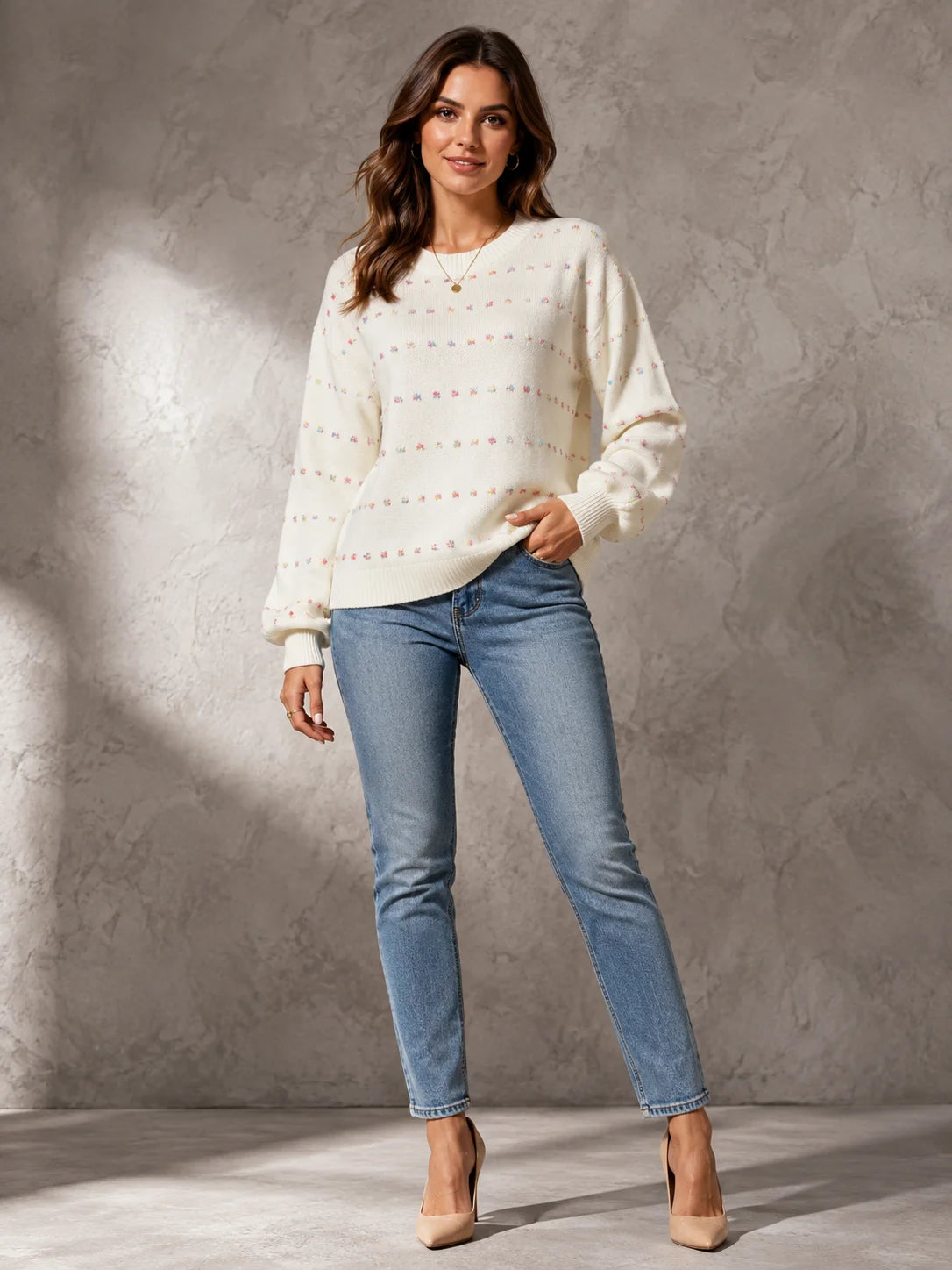 Women Colorful Confetti Dot Knit Sweater, Crew Neck Drop Shoulder Long Balloon Sleeve Loose Casual Pullover Sweater for Fall Winter Daily Streetwear