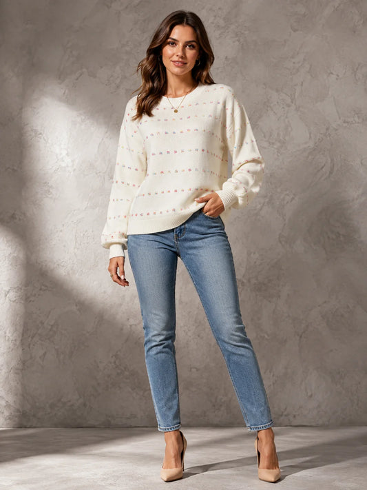 Women Colorful Confetti Dot Knit Sweater, Crew Neck Drop Shoulder Long Balloon Sleeve Loose Casual Pullover Sweater for Fall Winter Daily Streetwear
