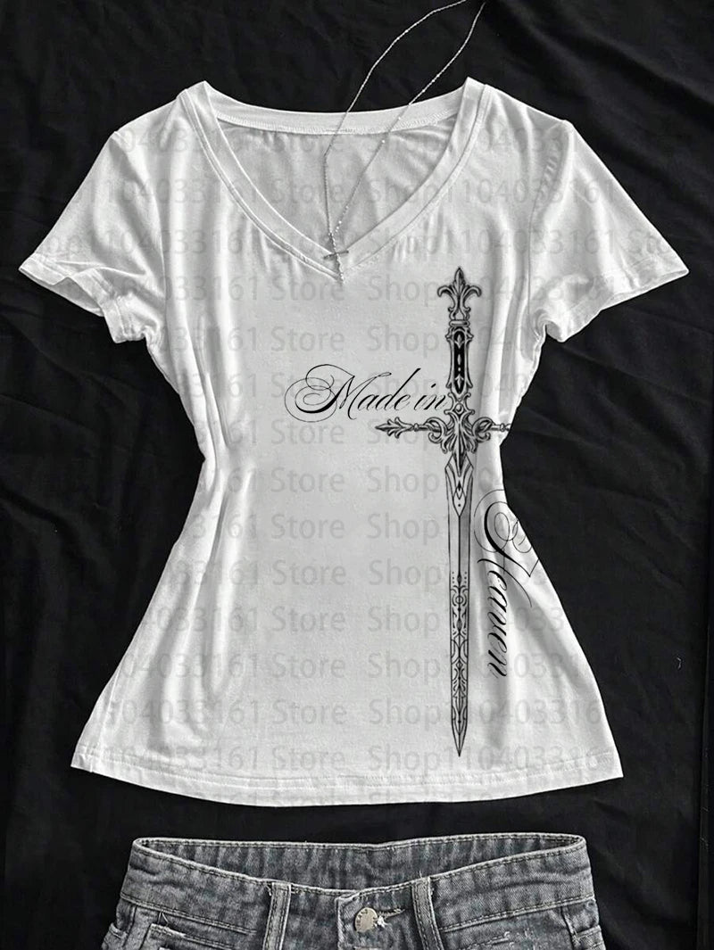 90s Summer Y2k EMO Tees Cool girl Punk Print Women Clothes Kpop Goth Graphic T Shirts 2000s Crop Top Women Slim Sexy Tees