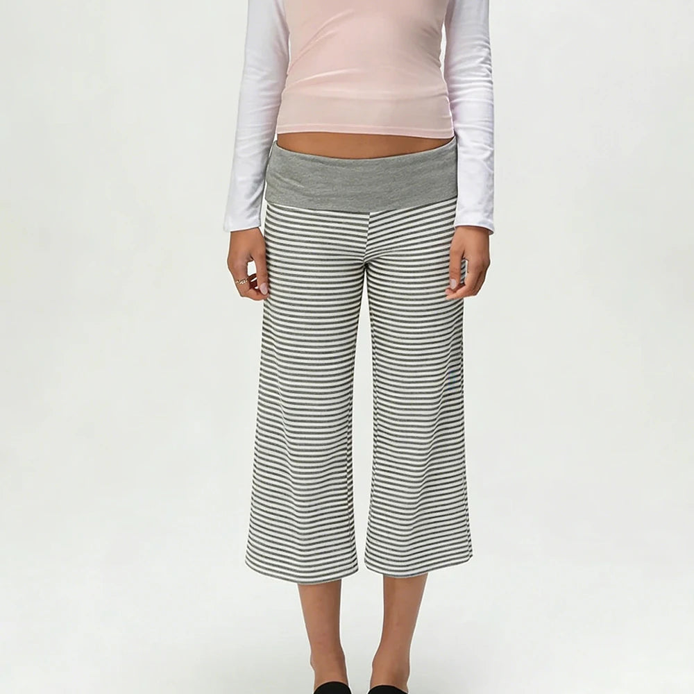 Women Vintage Fold Over Waist Gaucho Pants Low Rise Cropped Wide Leg Capri Pants y2k Foldover Culottes Yoga Pants Pajama Bottoms