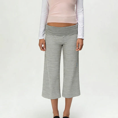 Women Vintage Fold Over Waist Gaucho Pants Low Rise Cropped Wide Leg Capri Pants y2k Foldover Culottes Yoga Pants Pajama Bottoms