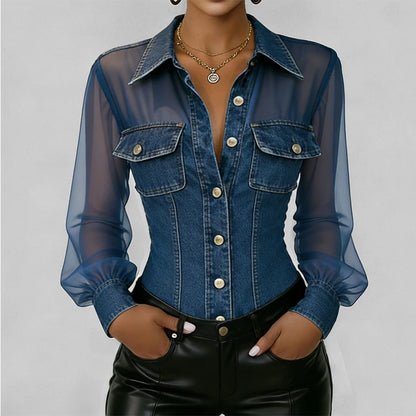Vintage Chic Denim Sheer Mesh Blouse Women Trend Long Sleeve Button Down Lapel Chest Pockets Fitted Casual Daily Wear Top 2026