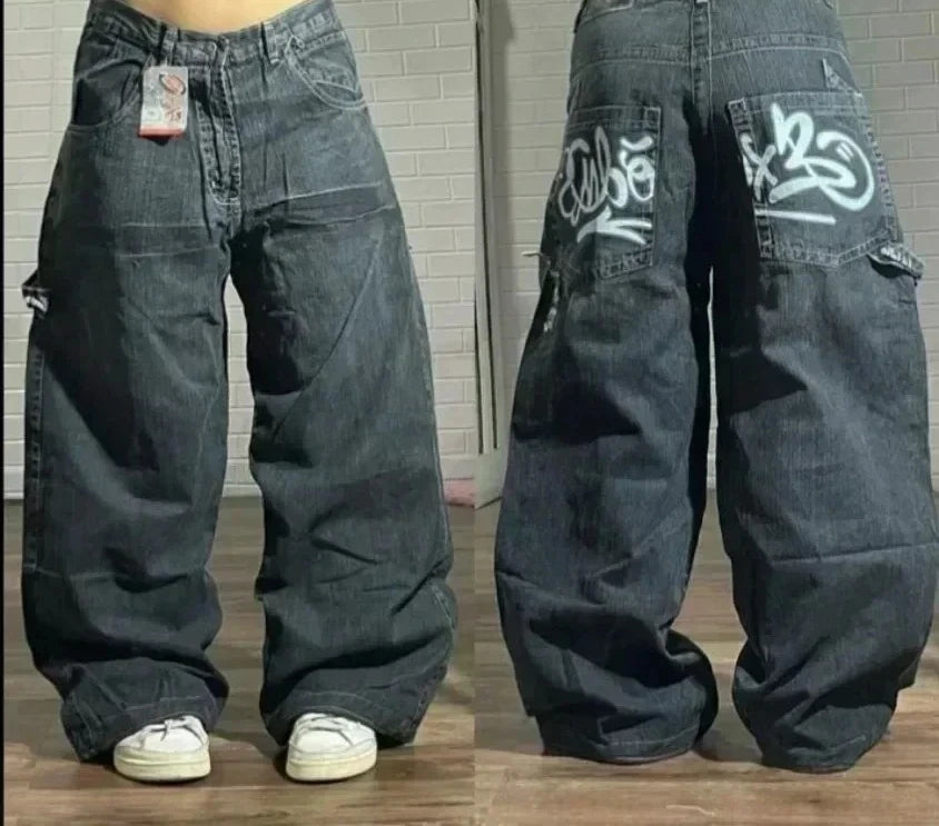 Street Fashion Trend Skull Embroidered Jeans Women Straight Wide-leg Pants Couple Casual Jeans