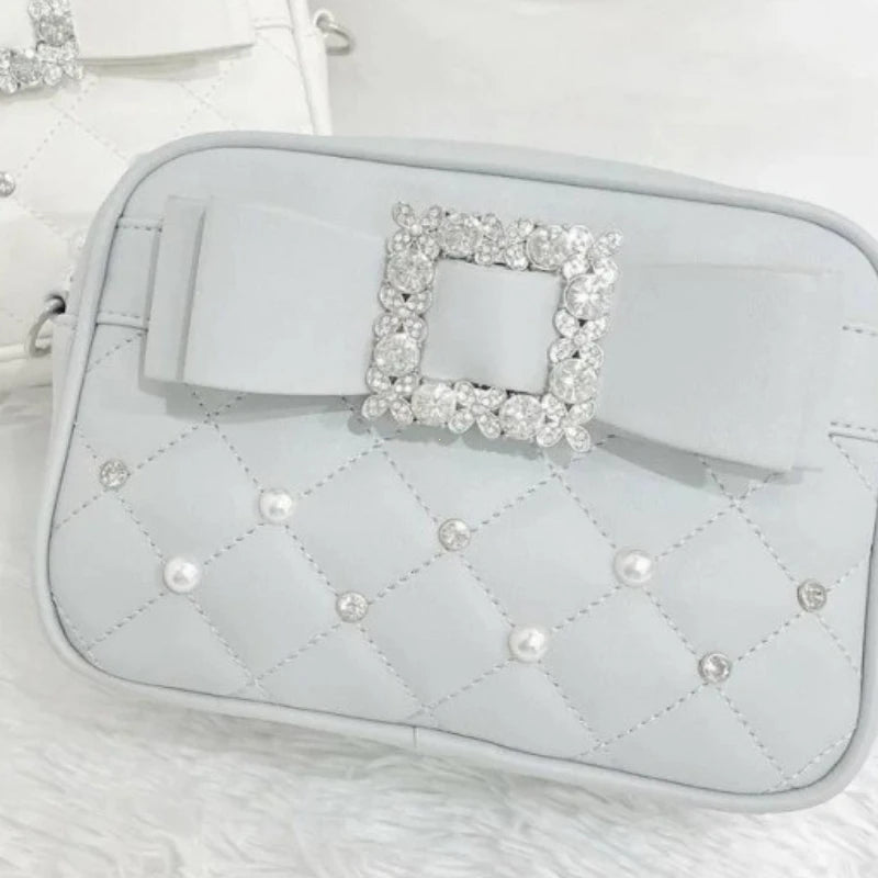 Sweet Knot Pearl Oulder Crossbody Bag Diamond Id Pattern Small Square Bag Faionable for Young Women Pearl Shoulder Rhinestones