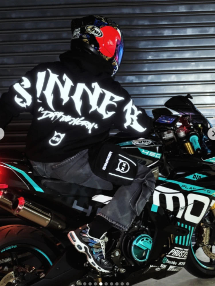 Mens Gothic Sinner Letter Print Reflective Hoodie Streetwear Unisex Hooded Sweatshirt Y2K Punk Hip Hop Loose Pullover Top New