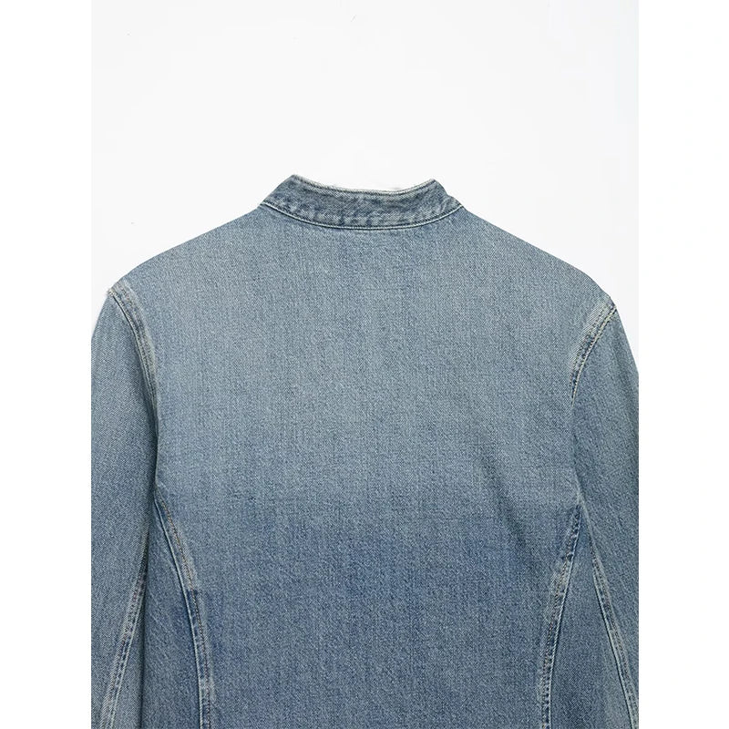 YENKYE Women's Cropped Denim Jacket Front Button Frayed Hem Stand Collar Streetwear Coat