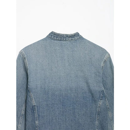 YENKYE Women's Cropped Denim Jacket Front Button Frayed Hem Stand Collar Streetwear Coat