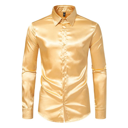 Men's Black Satin Luxury Dress Shirts Fashion Silk Smooth Tuxedo Shirt Solid Wedding Party Prom Casual Shirt Business Office
