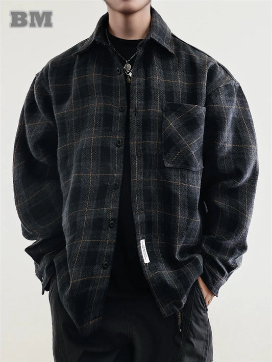 Mens Flannel Shirts American Vintage Streetwear Thick Plaid Oversized Cargo Long Sleeve Loose Fit Casual Workwear Autumn Winter