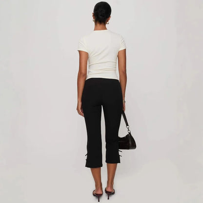 ONE TO WAN Women's Y2K Cute Capri Pants Solid Color Satin Bow Decor Side Split Summer Slim CroppedTrousers Stretch Crop Leggings