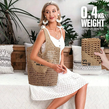 Summer Straw Beach Bag New Woven Bag Straw Mesh Tote Bag Foldable Large Capacity Womens Crossbody Shoulder Bag Purse for Holiday