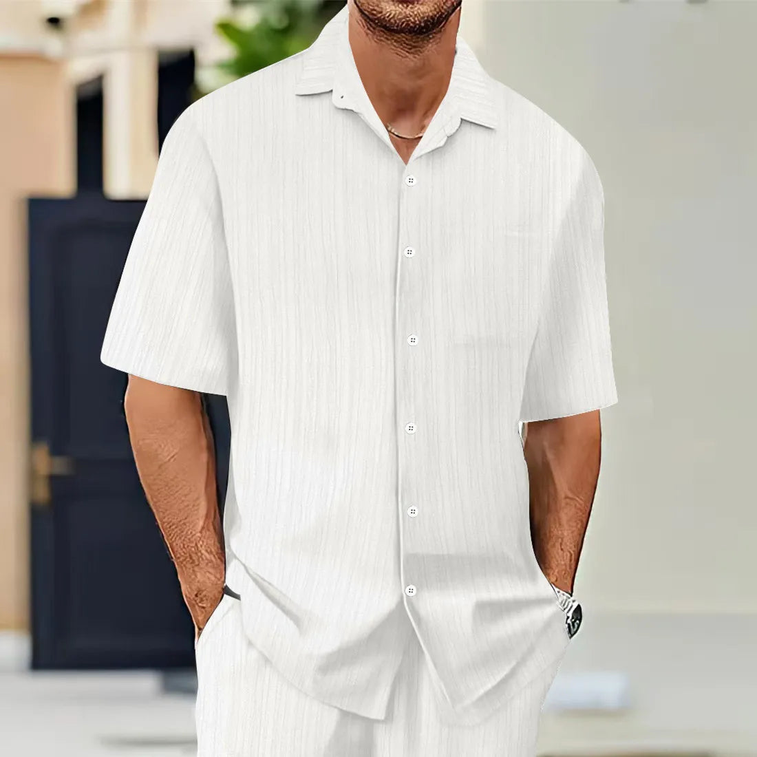 Hot Sale Men's Short-Sleeved Shirts Summer Solid Color Turn-down collar Casual Beach Style Plus Size