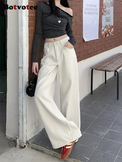 Botvotee Milk White Baggy Jeans Women Spring Summer 2025 New Korean Fashion Causal Y2k Loose Oversized High Waisted Jeans