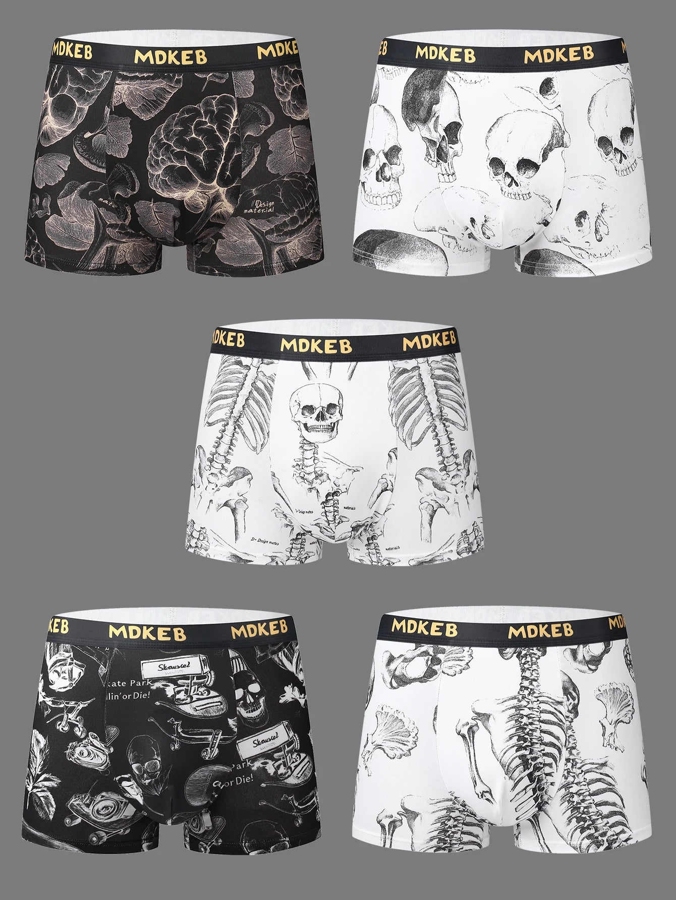5-Pack Men's Mixed Hair Boxer Briefs with Popular Skull Print Mid-Waist Thin High Elastic Comfortable Men's Boxer Shorts