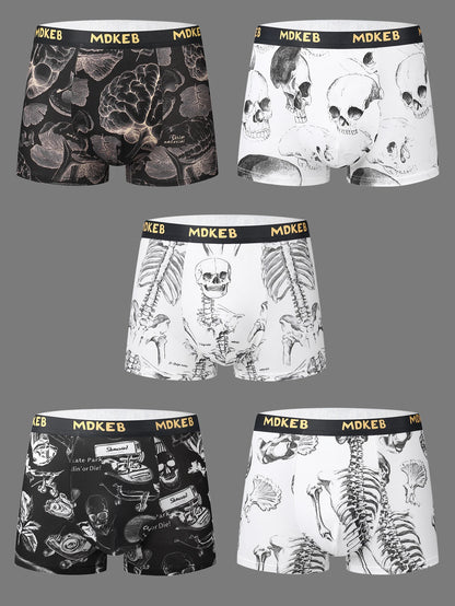 5-Pack Men's Mixed Hair Boxer Briefs with Popular Skull Print Mid-Waist Thin High Elastic Comfortable Men's Boxer Shorts