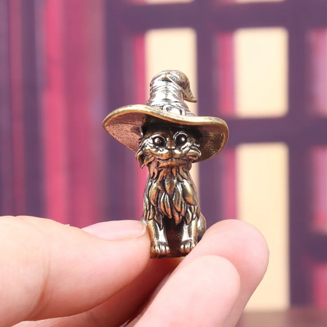 Handmade Solid Brass Magic Witch Cat Ornament Retro Wizard Hat Kitty Statue Home Office Shelf Mini Decor Halloween Gift For Cat Fans