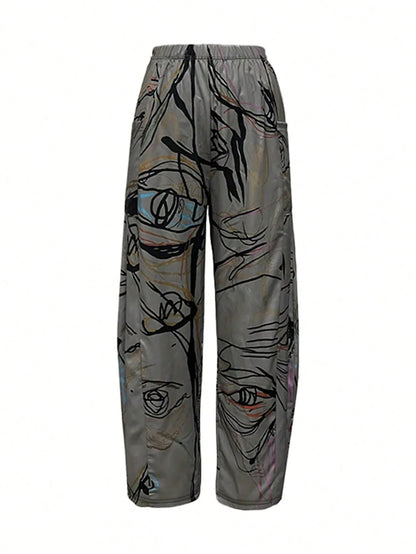 Plus Size Casual high waisted wide leg pants, loose straight leg, random printed pants, women's pants