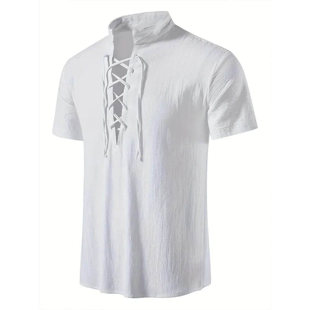 Men's Retro Shirt Short Sleeve Cotton Linen Lightweight Breathable Solid Color Fashion Tops Pirate V-neck Male Stylish Shirts