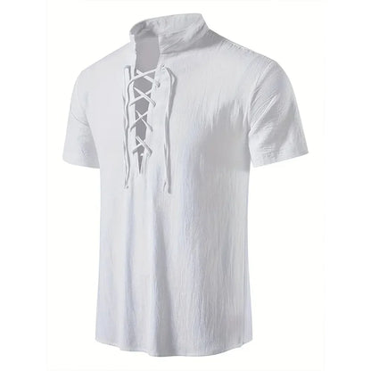 Men's Retro Shirt Short Sleeve Cotton Linen Lightweight Breathable Solid Color Fashion Tops Pirate V-neck Male Stylish Shirts