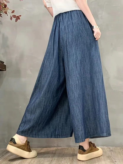 Amax luluE 2024 Summer Womens Fashion Denim Printed Plus Size Wide Leg Pants Ladies Casual Loose Floral Jeans Classic Trousers
