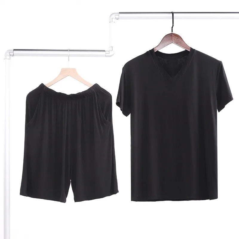 Summer Men's Modal Short Sleeve Shorts Set V-Neck Loose Fit Comfortable Sleepwear Home Clothes Mid-aged And Elderly Suitable