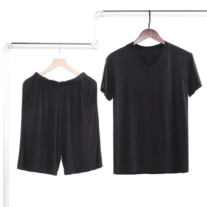 Summer Men's Modal Short Sleeve Shorts Set V-Neck Loose Fit Comfortable Sleepwear Home Clothes Mid-aged And Elderly Suitable