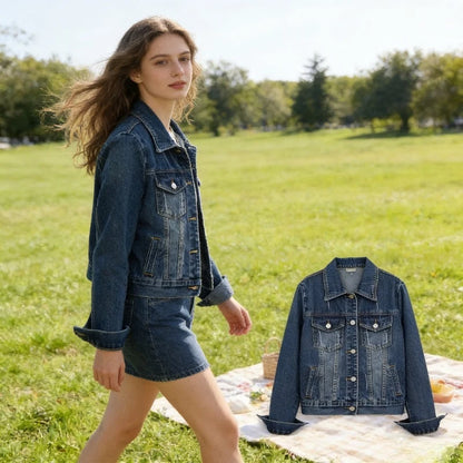 Womens Slim Short Denim Jacket Washed Casual Long Sleeve Fashion Coat Spring Autumn