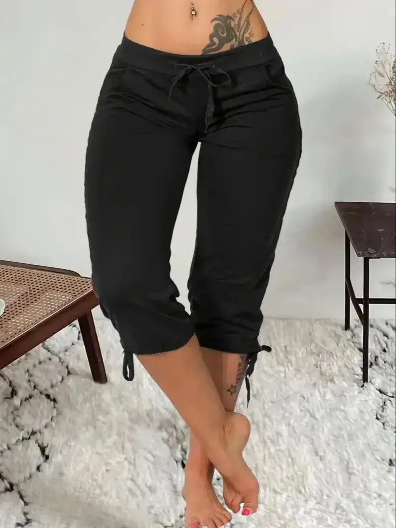 Plus size spring/summer/autumn stretch seven point jogging pants for women, with drawstring at the waist - fashionable pure blac