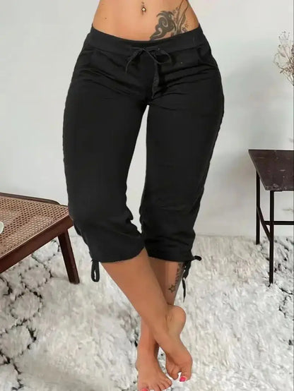Plus size spring/summer/autumn stretch seven point jogging pants for women, with drawstring at the waist - fashionable pure blac