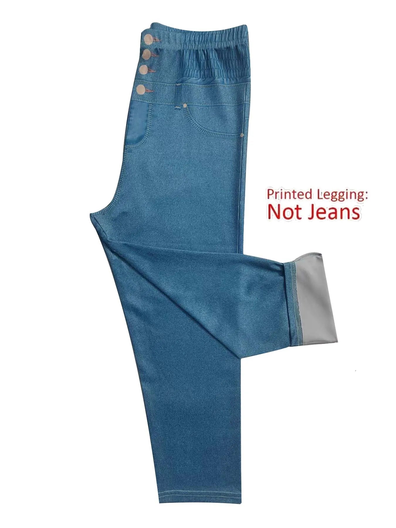Women's Imitation Denim Leggings - Tight Yoga Stretch Pants - Women's Slim Printed Capri Pants - Stretch Non-sheer Trousers - We