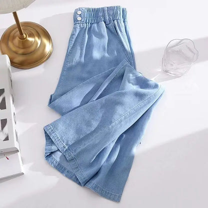 Plus Size Loose Fit Ice Silk Jeans Casual Yoga Demin Pants Women's Summer Trendy Brand Thin Wide Leg Pants Feel Comfortable
