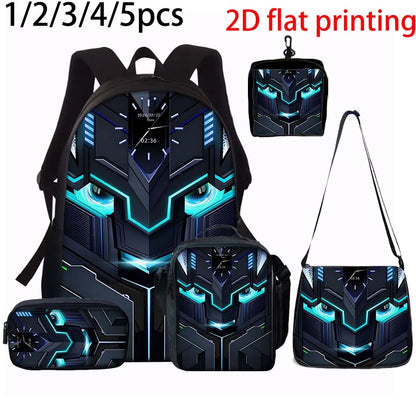 1/2/3/4/5PCS Robot Graphic Backpack Set | Ideal for Daily Travel