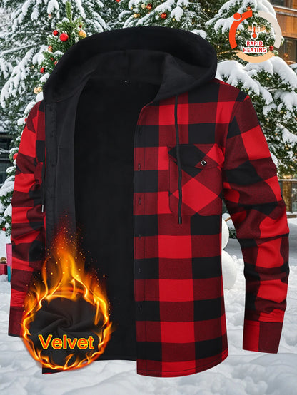 Men's Plaid Sherpa-Lined Hooded Jacket, 2025 New Winter Warm Fleece Loose Fit Long Sleeve Coat, Casual Outdoor Zip Up