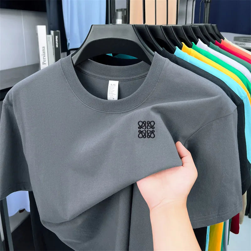 Summer Luxury 100_cotton Man Short-Sleeved T-Shirt Round Neck Delicate Embroidery Absorb Sweat Ventilate Leisure Men's Clothing
