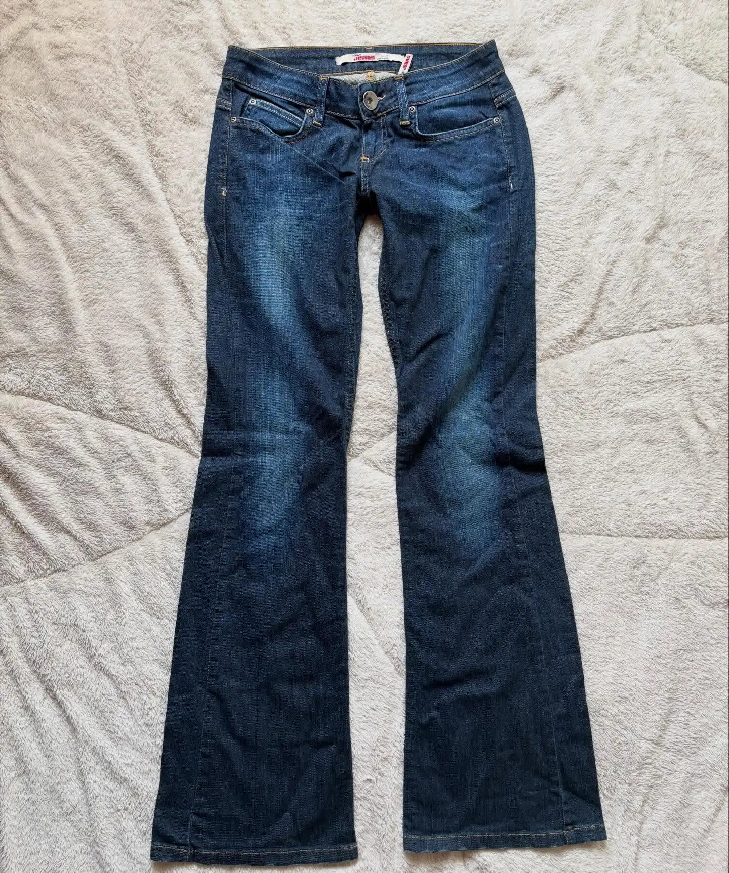 Women Retro Pants Basic Slim Fit Deep Blue Bootcut Jeans Casual Low Waist