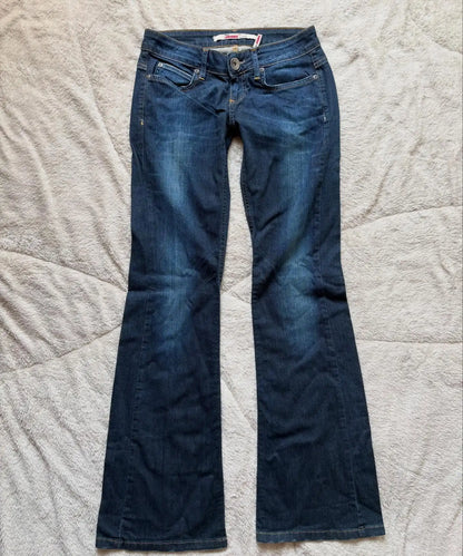 Women Retro Pants Basic Slim Fit Deep Blue Bootcut Jeans Casual Low Waist