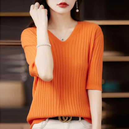 Women's Sweater Spring Summer Short Sleeve V-neck Knit Shirt Casual Pullovers Stripe Bottoming Shirt Slim Fit Jumpers