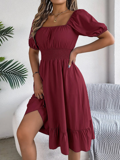 Spring Summer Elegant High Waisted Dress Square Neck Short Sleeved Ruffled Edge Long Dresses 2026 Valentine's Day Woman Clothing