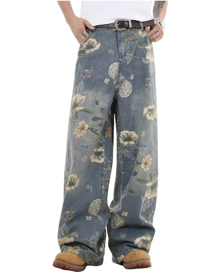 Men's Vintage Wash Baggy Wide Leg Jeans All Over Floral Print Loose Street Style