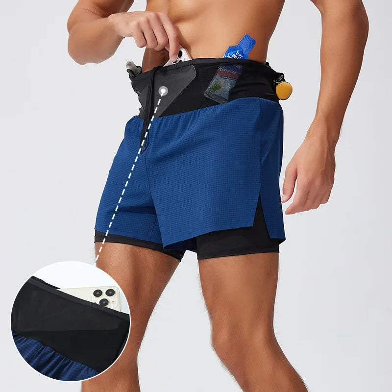 Double Deck Sports Shorts Men 2 in 1 Marathon Fitness Running Shorts Male Short Gym Man Basketball Workout Pants Multi-pocket