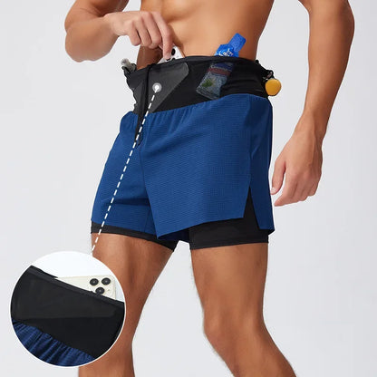 Double Deck Sports Shorts Men 2 in 1 Marathon Fitness Running Shorts Male Short Gym Man Basketball Workout Pants Multi-pocket