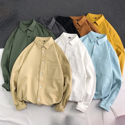 Heavy duty pure cotton shirt men's long sleeved ins trendy loose jacket for spring inner wear casual workwear shirt