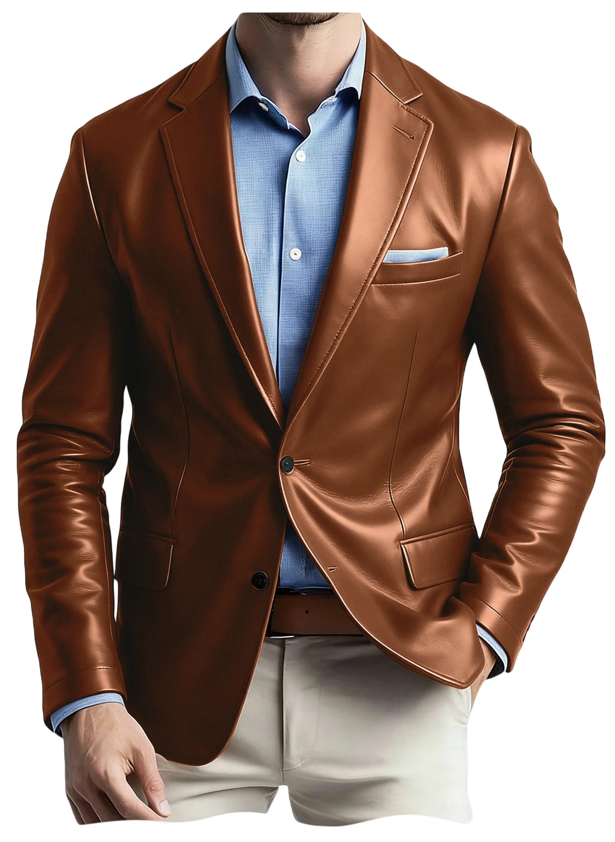 Men's Faux Leather Blazer Notch Lapel Flap Pockets Slim Fit Suit Jacket Coats For Casual Business Wedding Party
