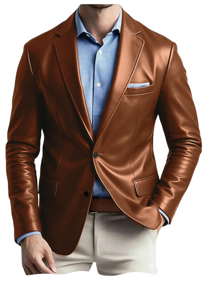 Men's Faux Leather Blazer Notch Lapel Flap Pockets Slim Fit Suit Jacket Coats For Casual Business Wedding Party