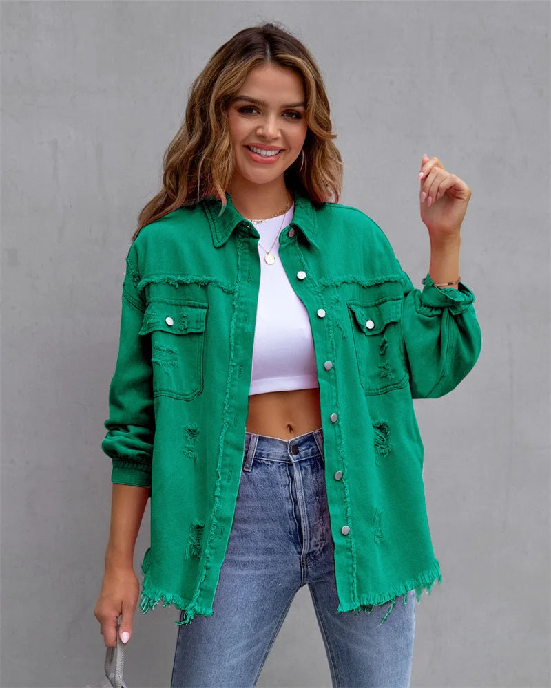 2025 Spring Autumn Shirt Style Denim Jacket Women Holes Raw-edges Jeancoat Casual Tops Female Oversize Loose Outerwear 7 Colors